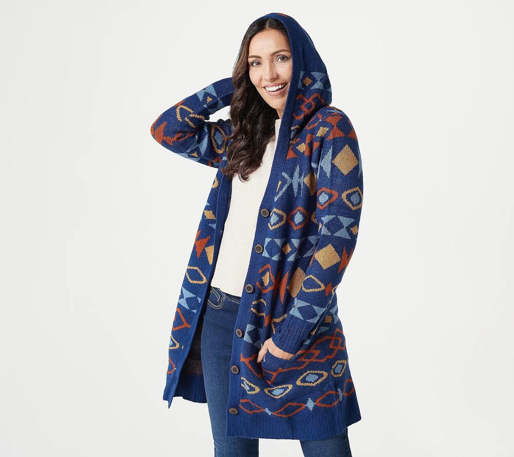 Denim&Co Jacquard Button Front Hood Sweater Cardigan Night Sky XS New